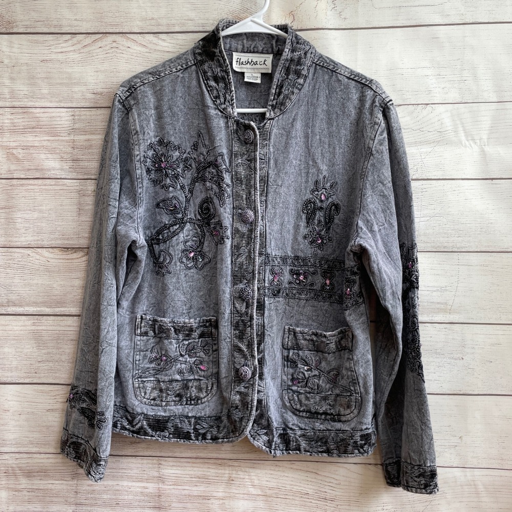 VINTAGE FLASHBACK BOHO BLAZER WITH RHINESTONES AND EMBROIDERY IN BLACK